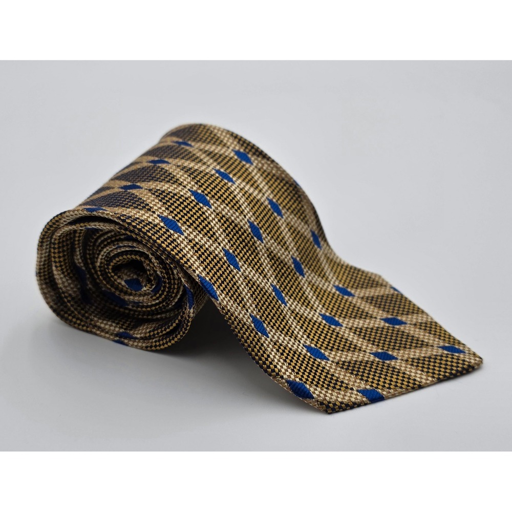 Ermenegildo Zegna Silk Jacquard Plaid Diamond Pattern Tie Gold Blue